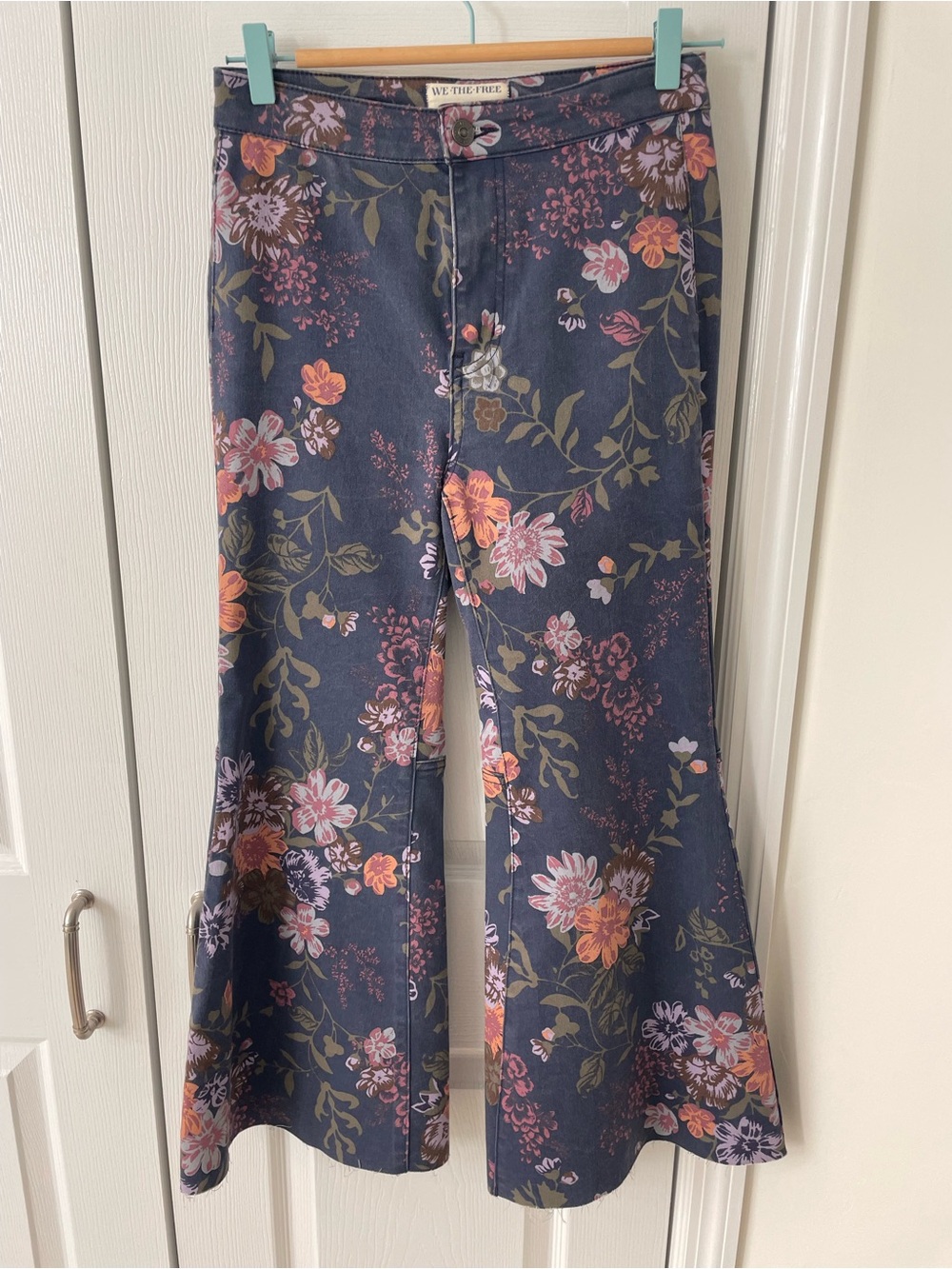 We The Free Floral Navy Flare Jeans with Pink & Orange Blooms